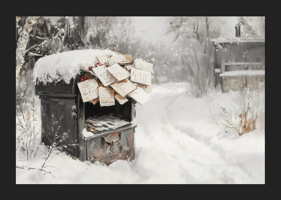 Een poster met een met sneeuw bedekte brievenbus gevuld met kerstgroeten -12