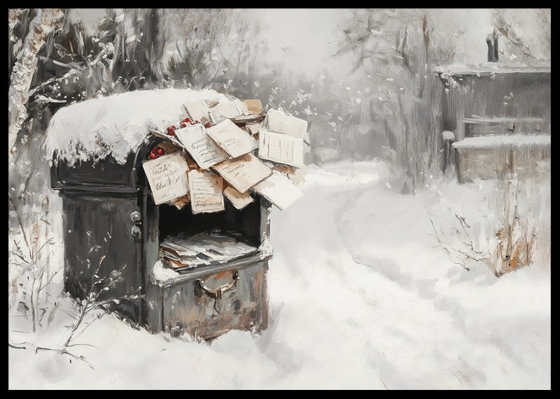 A poster capturing a snow-covered mailbox filled with Christmas greetings -12