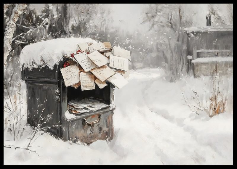 A poster capturing a snow-covered mailbox filled with Christmas greetings -12