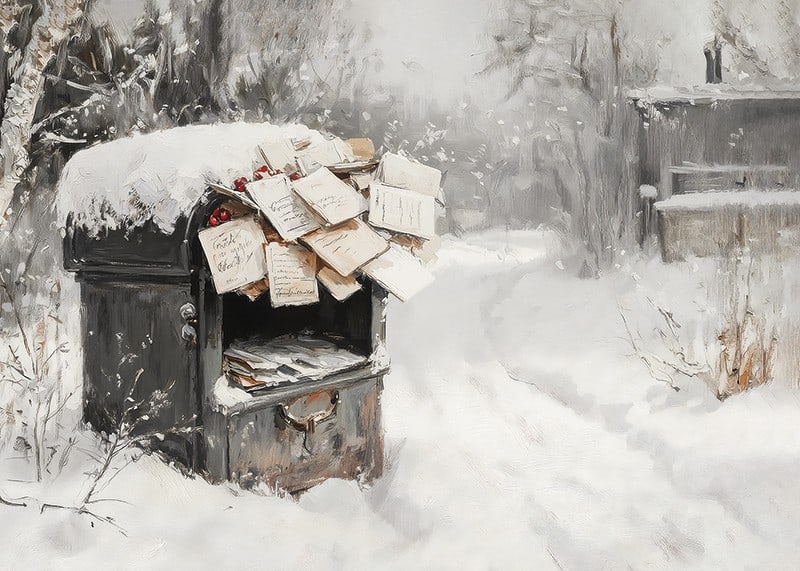 A poster capturing a snow-covered mailbox filled with Christmas greetings -12