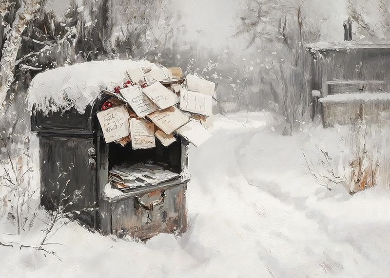 A poster capturing a snow-covered mailbox filled with Christmas greetings -12
