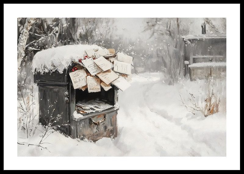 A poster capturing a snow-covered mailbox filled with Christmas greetings -12