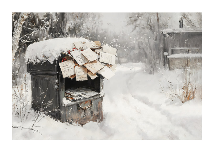 A poster capturing a snow-covered mailbox filled with Christmas greetings -12