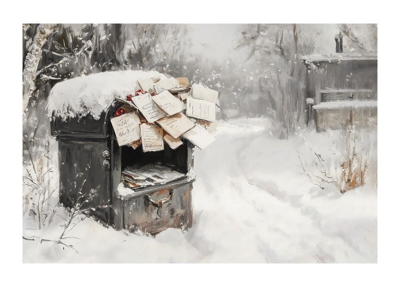 A poster capturing a snow-covered mailbox filled with Christmas greetings -12