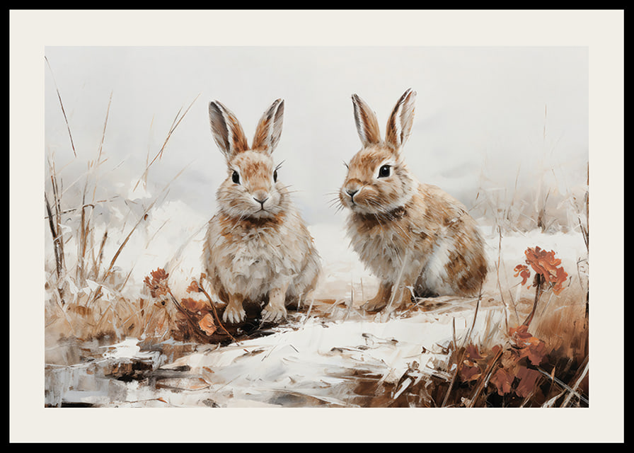 Een poster die de serene aanwezigheid van twee konijnen in een winters landschap vastlegt-12