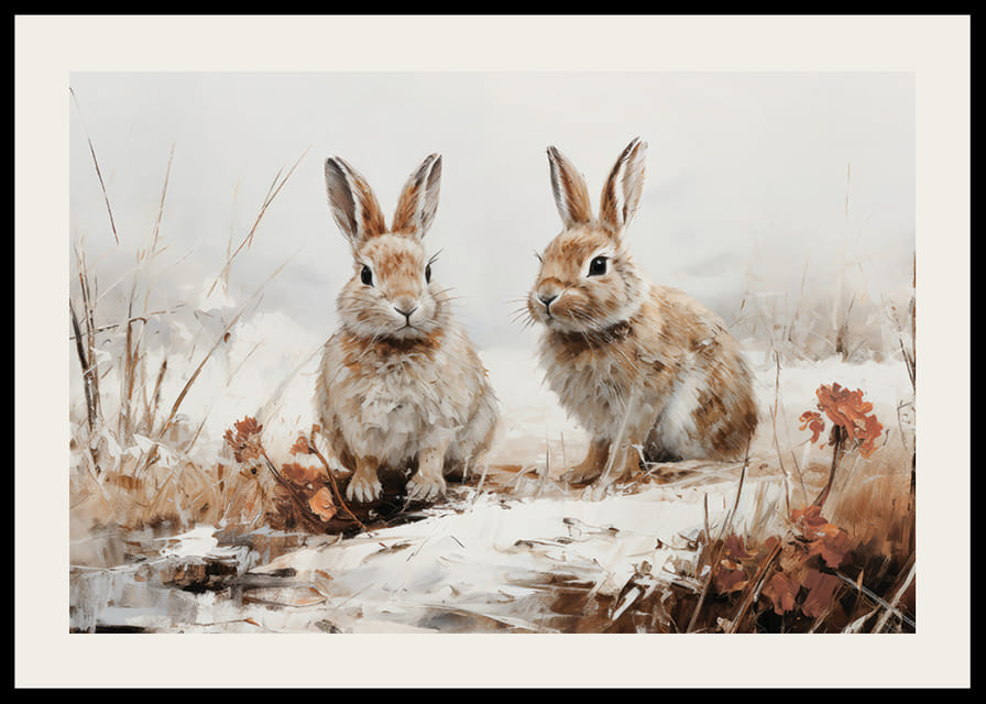 Een poster die de serene aanwezigheid van twee konijnen in een winters landschap vastlegt-12