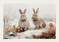 Een poster die de serene aanwezigheid van twee konijnen in een winters landschap vastlegt-3