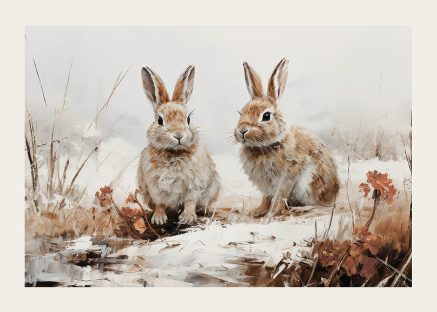 Een poster die de serene aanwezigheid van twee konijnen in een winters landschap vastlegt-12
