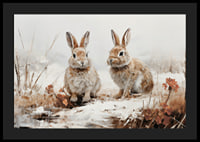 Een poster die de serene aanwezigheid van twee konijnen in een winters landschap vastlegt-4