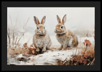 Een poster die de serene aanwezigheid van twee konijnen in een winters landschap vastlegt-4