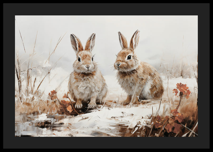 Een poster die de serene aanwezigheid van twee konijnen in een winters landschap vastlegt-12