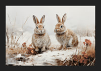 Een poster die de serene aanwezigheid van twee konijnen in een winters landschap vastlegt-5