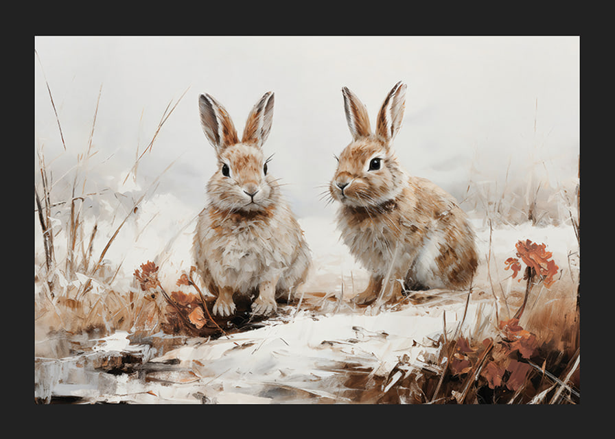 Een poster die de serene aanwezigheid van twee konijnen in een winters landschap vastlegt-12