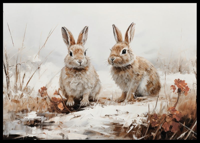 Een poster die de serene aanwezigheid van twee konijnen in een winters landschap vastlegt-12