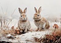 Een poster die de serene aanwezigheid van twee konijnen in een winters landschap vastlegt-7