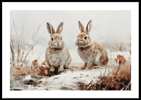 Een poster die de serene aanwezigheid van twee konijnen in een winters landschap vastlegt-0