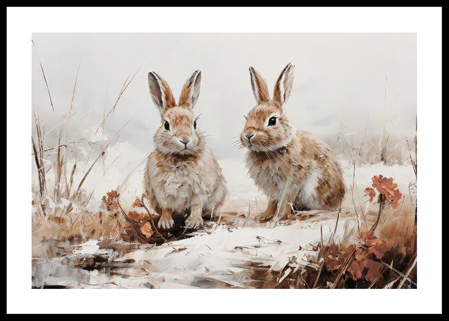 Een poster die de serene aanwezigheid van twee konijnen in een winters landschap vastlegt-12