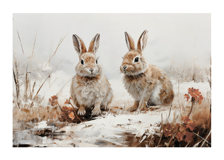 Een poster die de serene aanwezigheid van twee konijnen in een winters landschap vastlegt-12