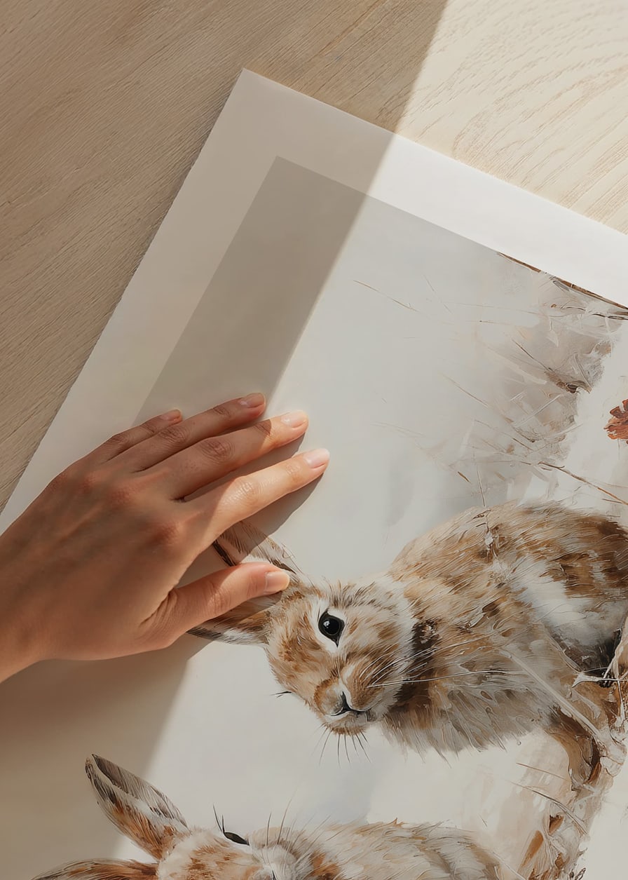Een poster die de serene aanwezigheid van twee konijnen in een winters landschap vastlegt-12