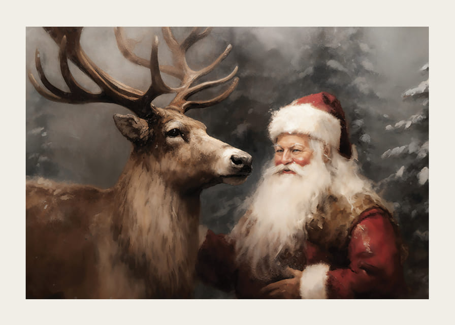 En plakat som fanger julenissens varme bånd til et reinsdyr i et vinterlandskap-12