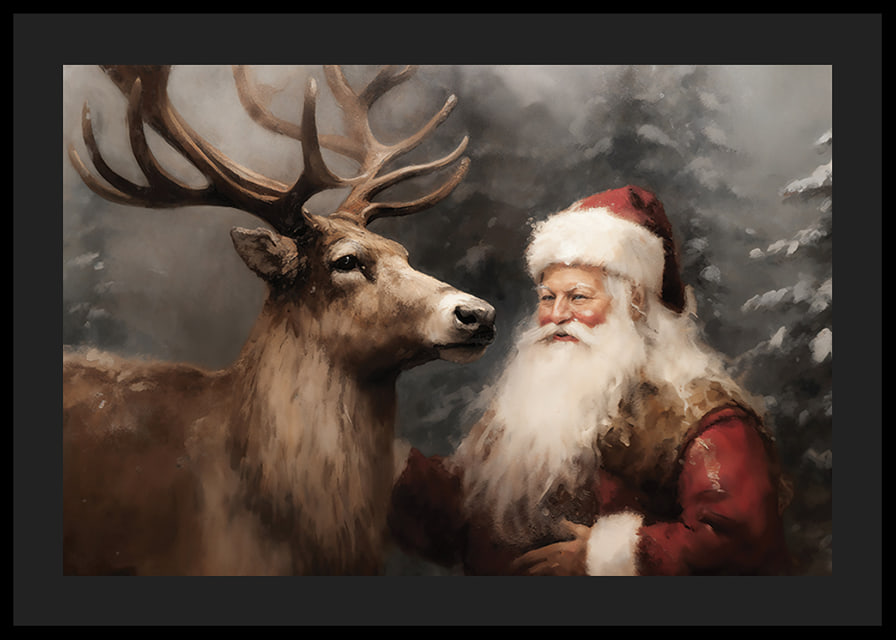 A poster capturing Santa's warm bond with a reindeer in a wintry landscape-12