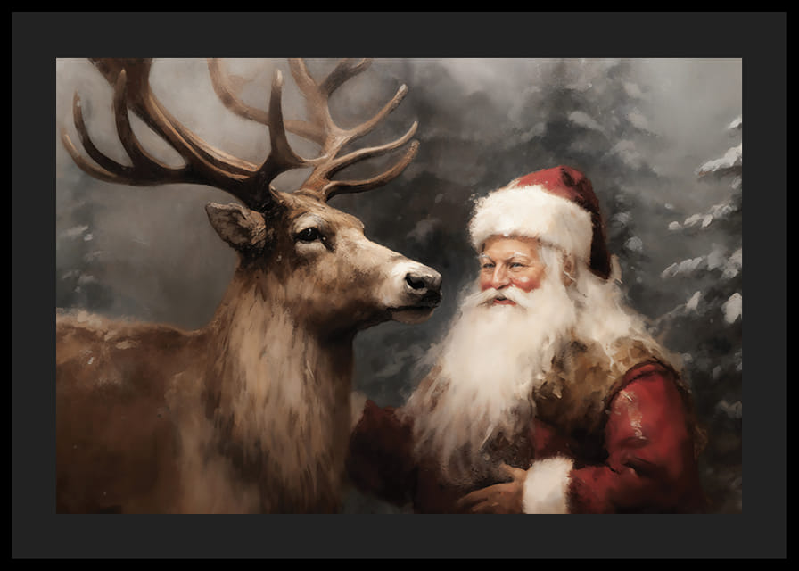 En plakat som fanger julenissens varme bånd til et reinsdyr i et vinterlandskap-12