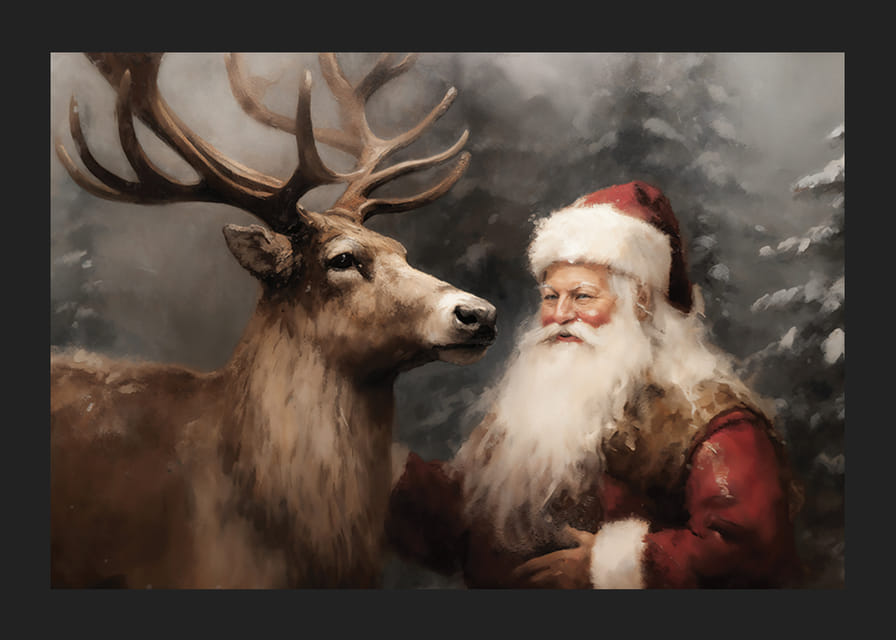 En plakat som fanger julenissens varme bånd til et reinsdyr i et vinterlandskap-12
