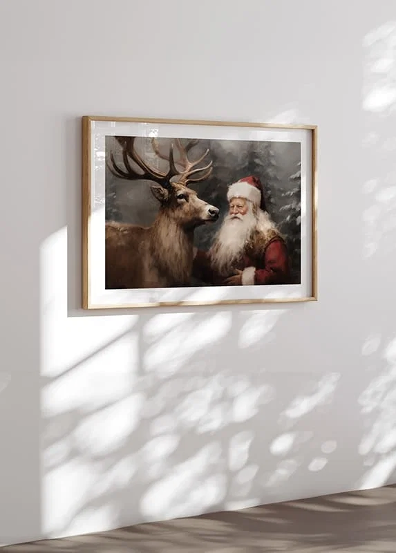 En poster som fångar jultomtens varma band med en ren i ett vintrigt landskap-12