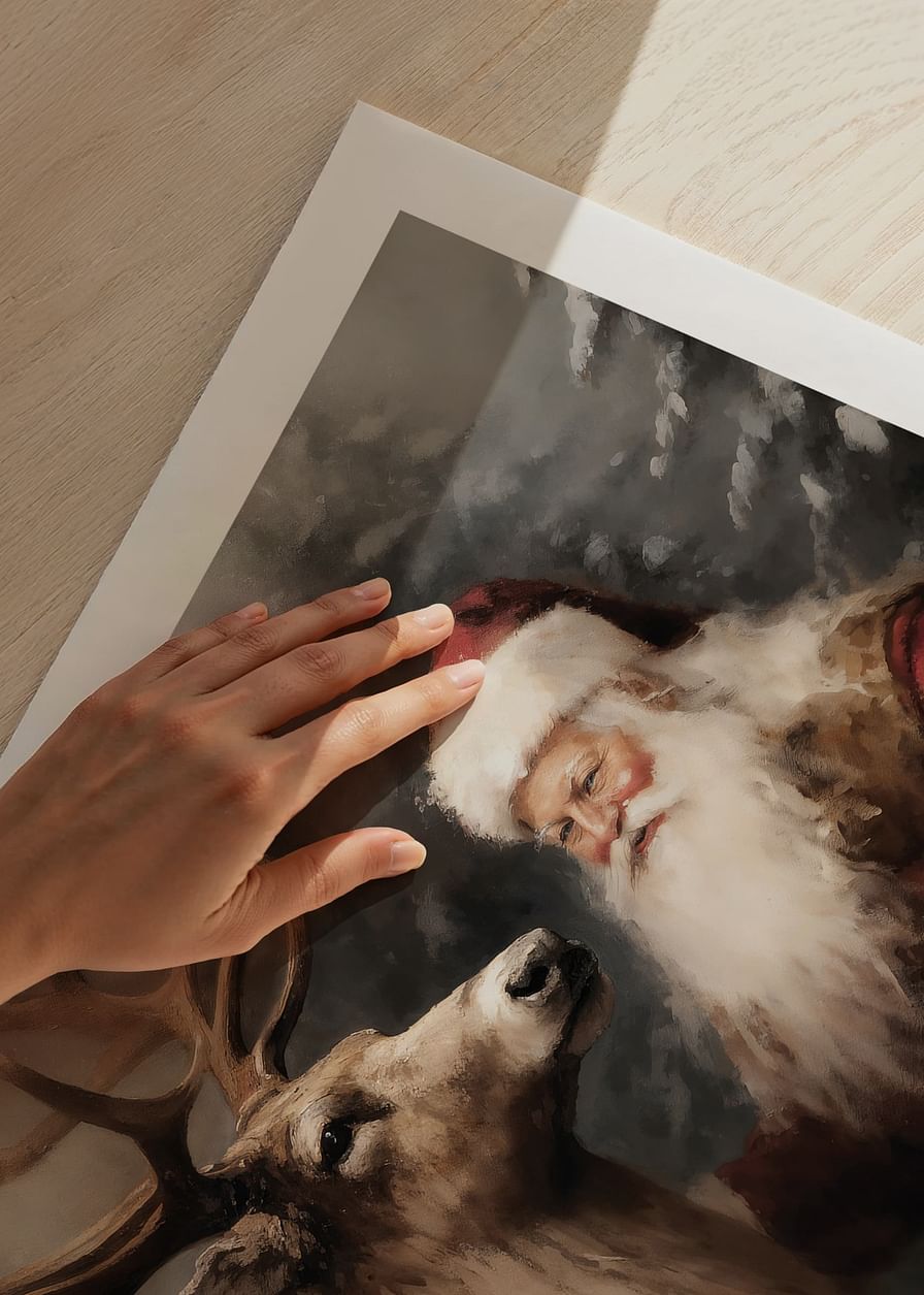 Plagát zachytávajúci vrúcny vzťah Santa Clausa so sobom v zimnej krajine-12