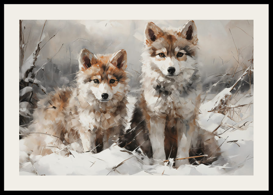 Ein Poster, das den unschuldigen Blick zweier Wolfsbabys in einer verschneiten Landschaft einfängt-12