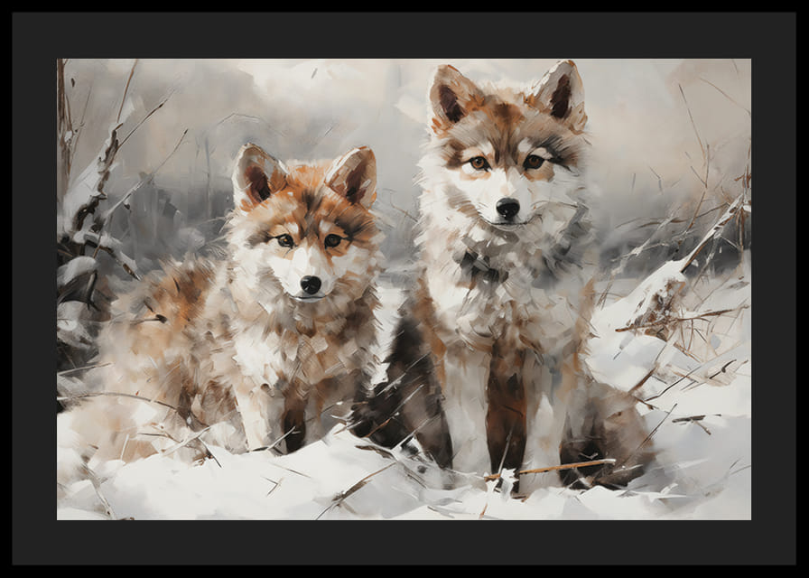 Ein Poster, das den unschuldigen Blick zweier Wolfsbabys in einer verschneiten Landschaft einfängt-12
