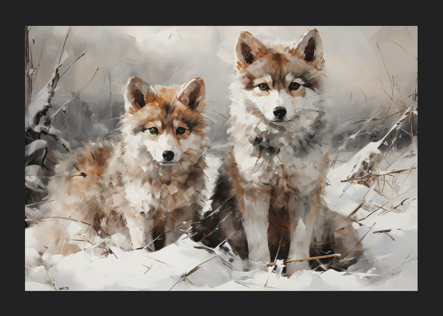 Ein Poster, das den unschuldigen Blick zweier Wolfsbabys in einer verschneiten Landschaft einfängt-12