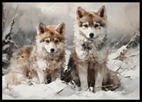 En poster som fångar två vargungars oskyldiga blick i ett snöklätt landskap-6