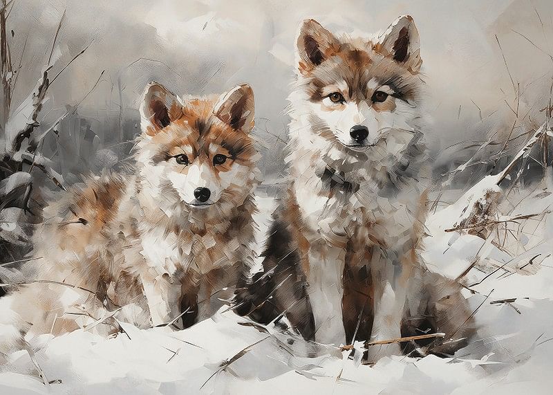 A poster that captures the innocent gaze of two wolf cubs in a snowy landscape-12