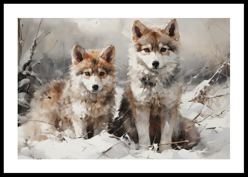 A poster that captures the innocent gaze of two wolf cubs in a snowy landscape-12