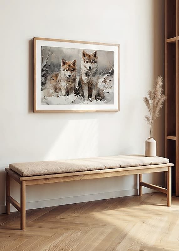 A poster that captures the innocent gaze of two wolf cubs in a snowy landscape-12