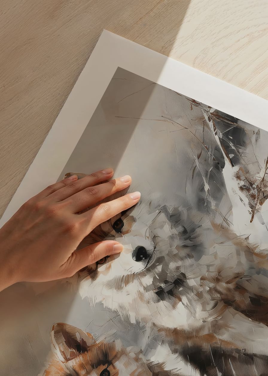 A poster that captures the innocent gaze of two wolf cubs in a snowy landscape-12