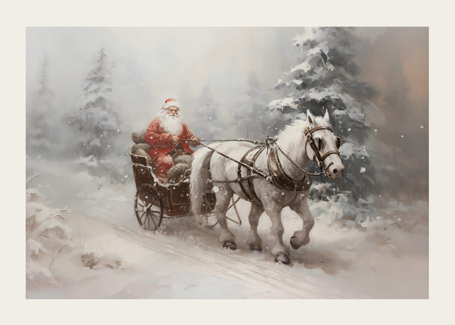 Egy poszter, amely megörökíti a Mikulást egy varázslatos szánkózásban a havas téli tájon-12