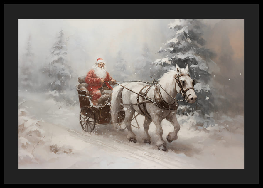 Egy poszter, amely megörökíti a Mikulást egy varázslatos szánkózásban a havas téli tájon-12