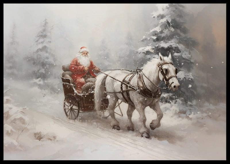 A poster that captures Santa on a magical sleigh ride through a snowy winter landscape-12