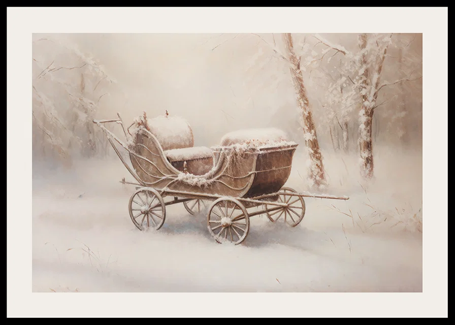 A poster capturing a snow covered old wagon in a peaceful winter landscape-12
