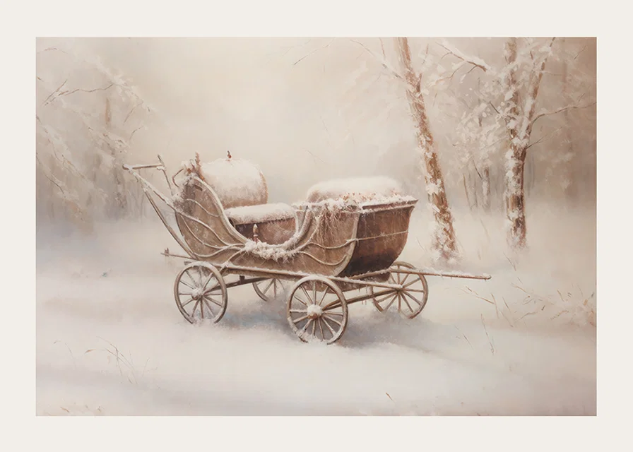 A poster capturing a snow covered old wagon in a peaceful winter landscape-12