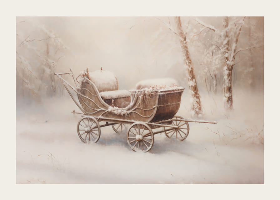 Une affiche représentant un vieux chariot enneigé dans un paisible paysage hivernal-12