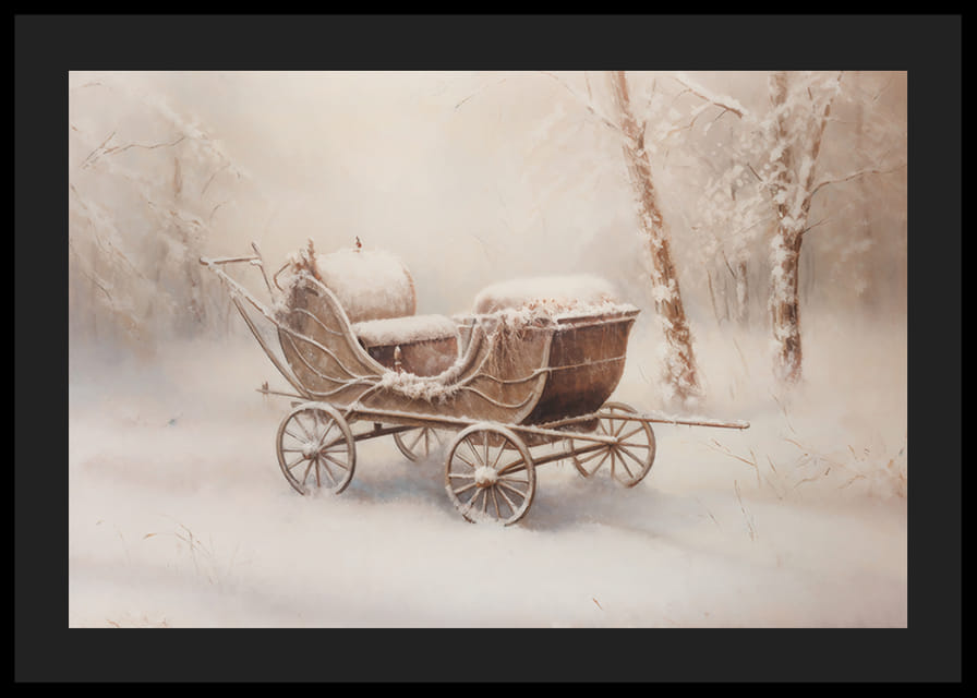 Une affiche représentant un vieux chariot enneigé dans un paisible paysage hivernal-12