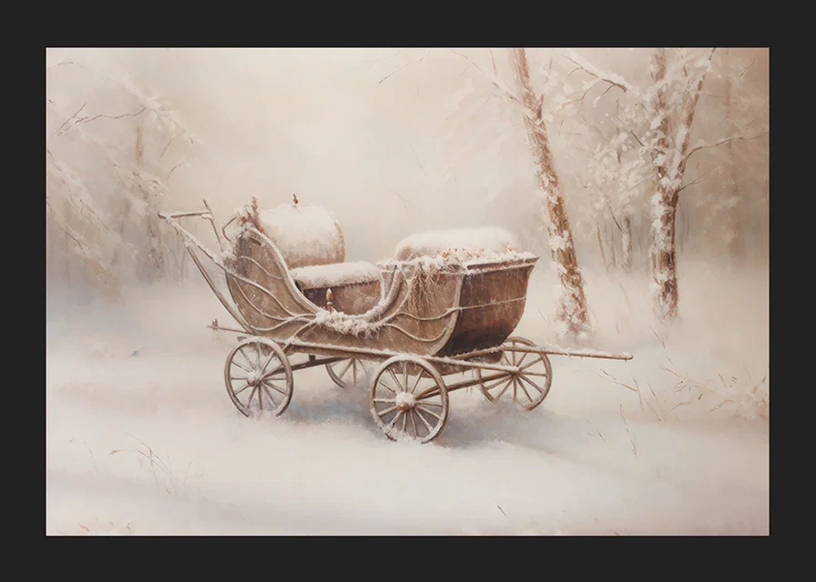 A poster capturing a snow covered old wagon in a peaceful winter landscape-12