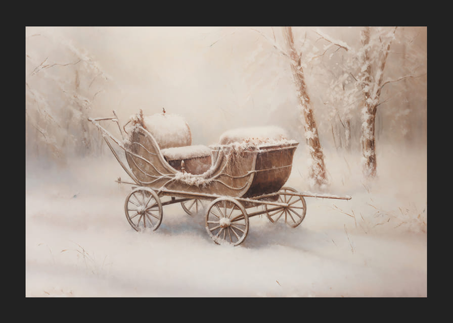 Une affiche représentant un vieux chariot enneigé dans un paisible paysage hivernal-12