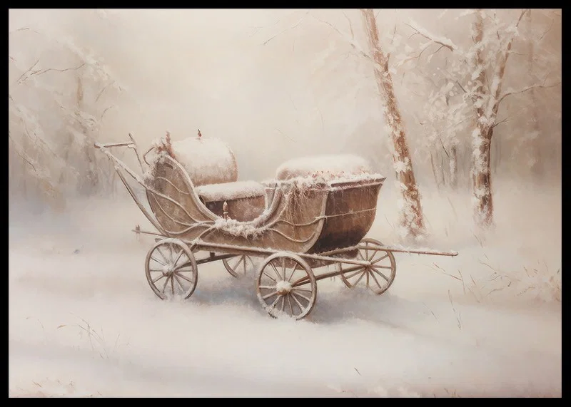 A poster capturing a snow covered old wagon in a peaceful winter landscape-12