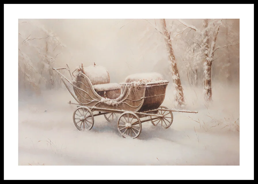A poster capturing a snow covered old wagon in a peaceful winter landscape-12