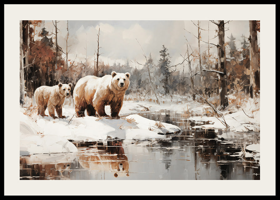 A poster that captures the powerful presence of two bears in a still winter landscape -12