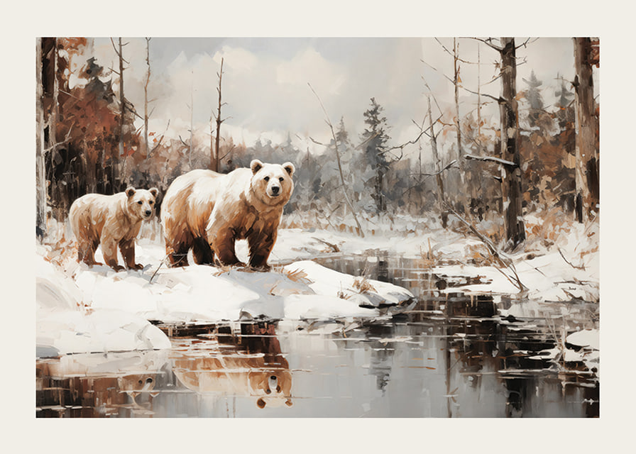 A poster that captures the powerful presence of two bears in a still winter landscape -12